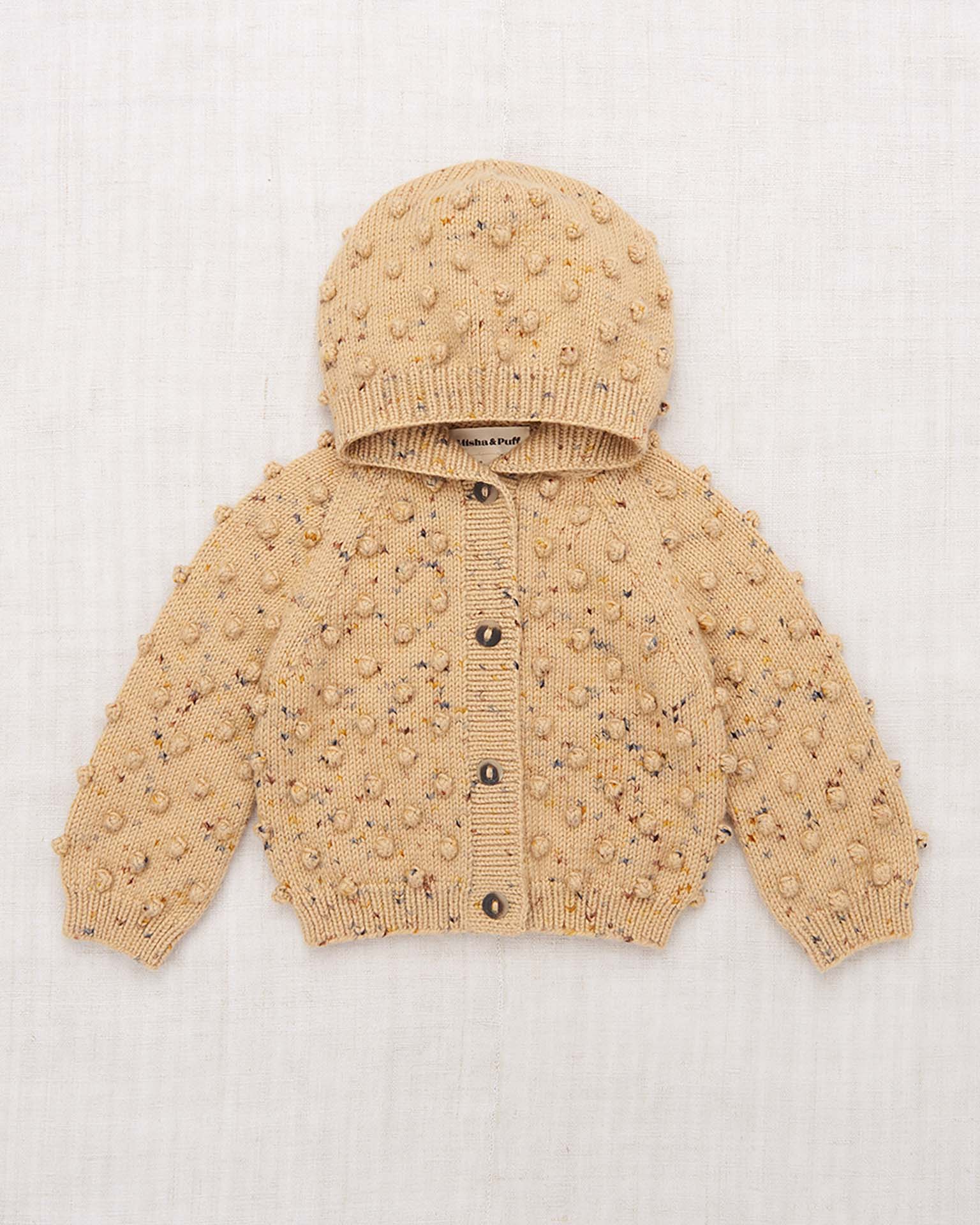 baby hooded popcorn cardigan in camel confetti 0-6m