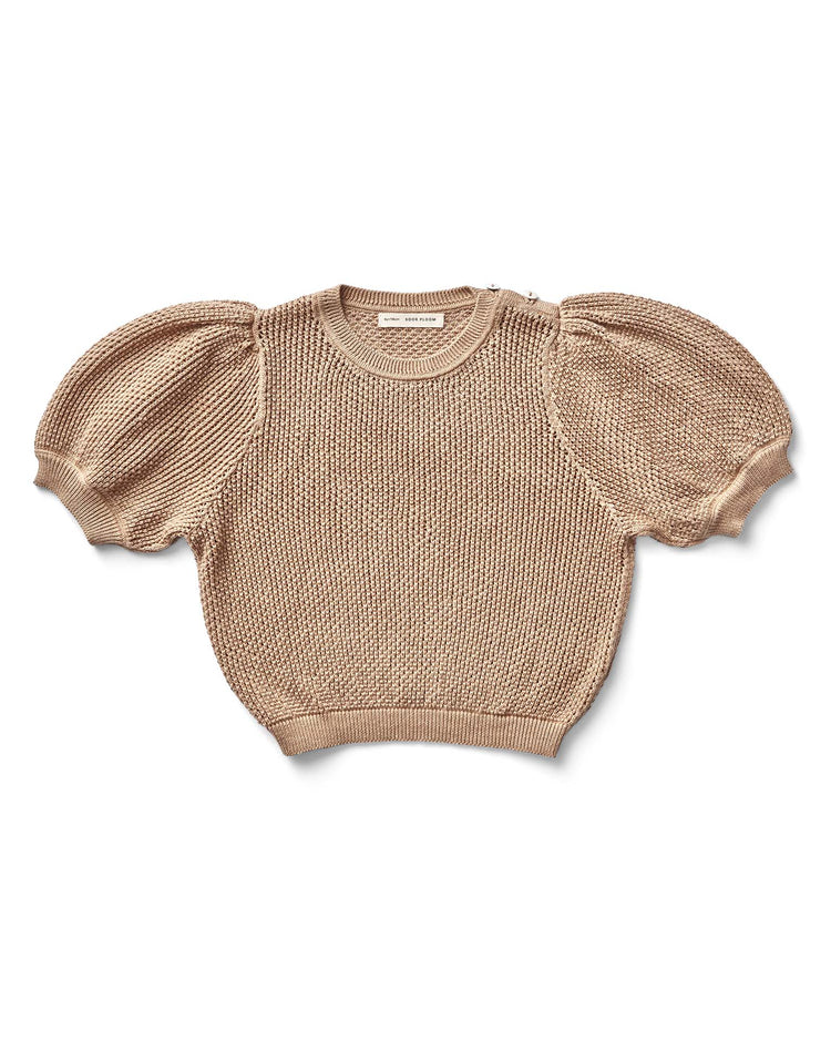 The mimi knit top in grain by soor ploom is a beige, short-sleeve sweater with puffed sleeves and a round neckline, crafted from organic pima cotton and made in Peru.