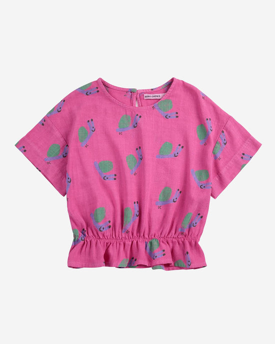 Little bobo choses kids funny snail all over woven blouse in fuchsia