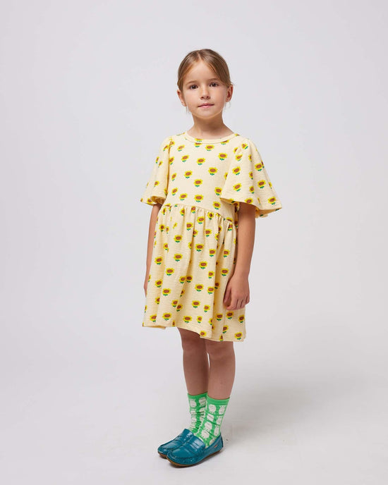 Little bobo choses kids sunflower all over dress in off-white