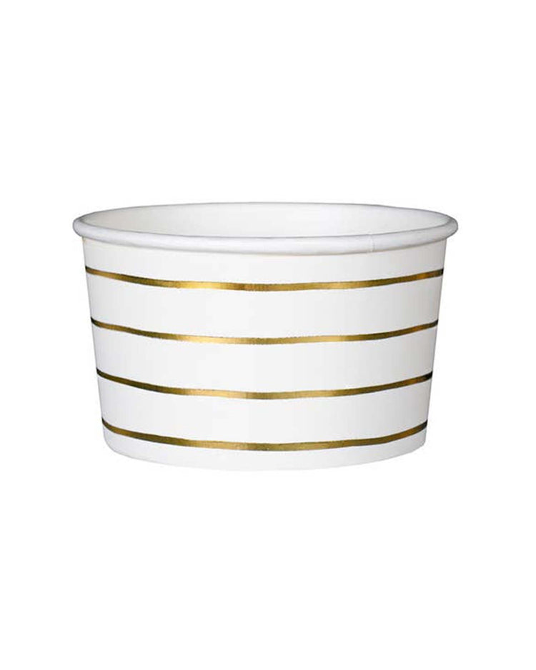 The Gold Frenchie Striped Treat Cups by Daydream Society are perfect for snacks and crafts. These white paper cups with horizontal gold stripes add a touch of elegance to any occasion.