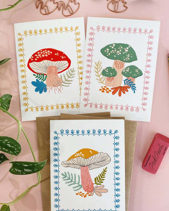 Little dream folk studio party retro mushrooms notecard set