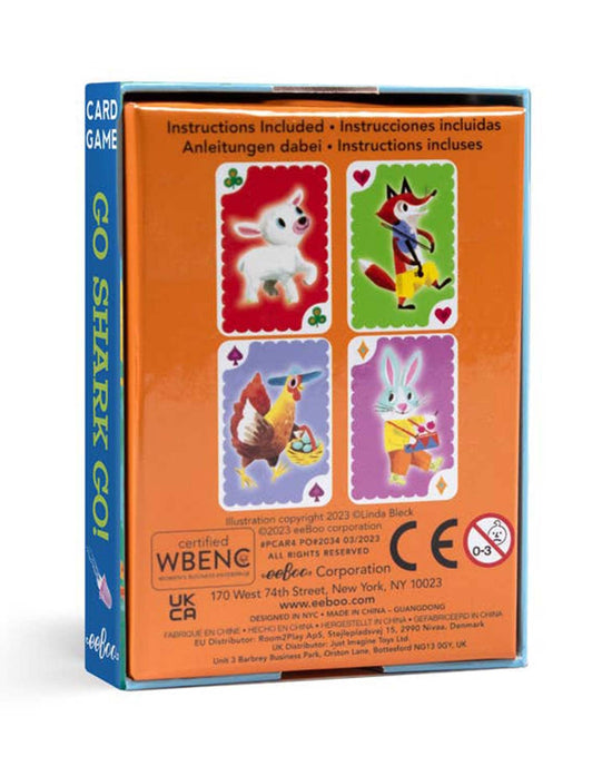 Back of a card game box titled "Animal Rummy Playing Cards" by eeBoo featuring illustrated animal characters in a vintage design, including multilingual instructions and certification information on the bottom. A delightful children's card game reminiscent of classic Animal Rummy.