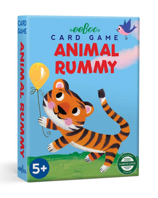 Animal Rummy Playing Cards, a delightful children's game by eeBoo, showcases a vintage design that includes an illustration of a tiger holding a yellow balloon. It is recommended for ages 5 and up.