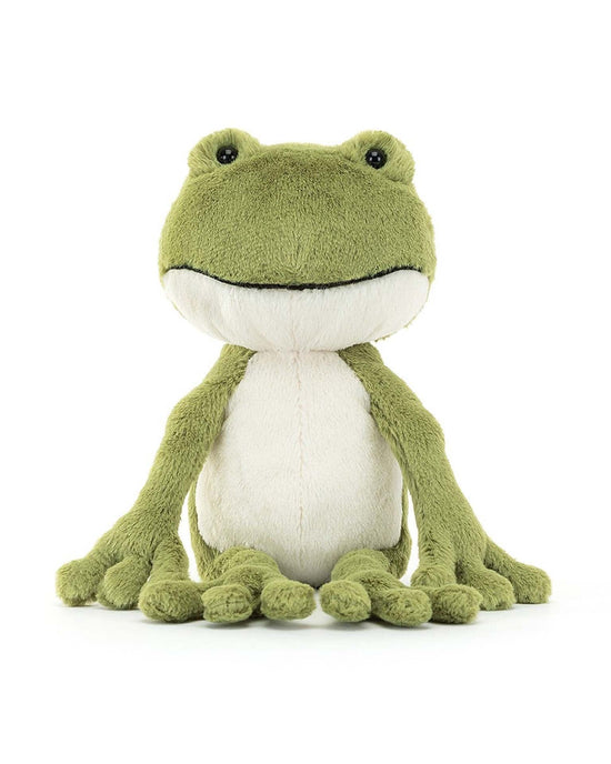 Finnegan Frog by Jellycat is a charming plush toy with mossy green fur on its limbs and face, a white belly, and black button eyes. Sitting upright and ready for cuddles, this endearing stuffed animal is perfect for snuggling.