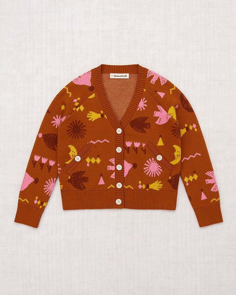 Little misha + puff kids everyday cardigan in gingerbread daleyden fête jacquard