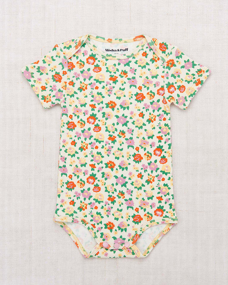 Little misha + puff baby short sleeve lap onesie in string + hazy lilac brimfield