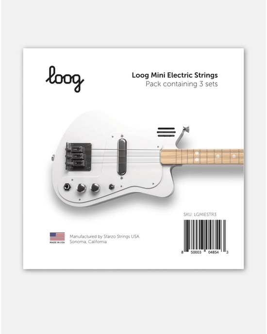 Image of a product packaging for "loog mini electric guitar strings 3 sets." It features a graphic of a white electric guitar and text indicating the pack contains three sets of steel guitar strings. Made by loog guitars.